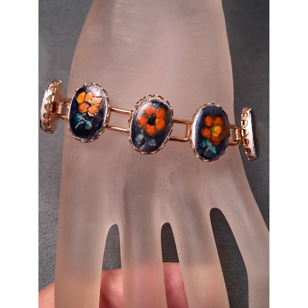 Hand Painted Porcelain Bracelet Orange Black Floral Plaque Links